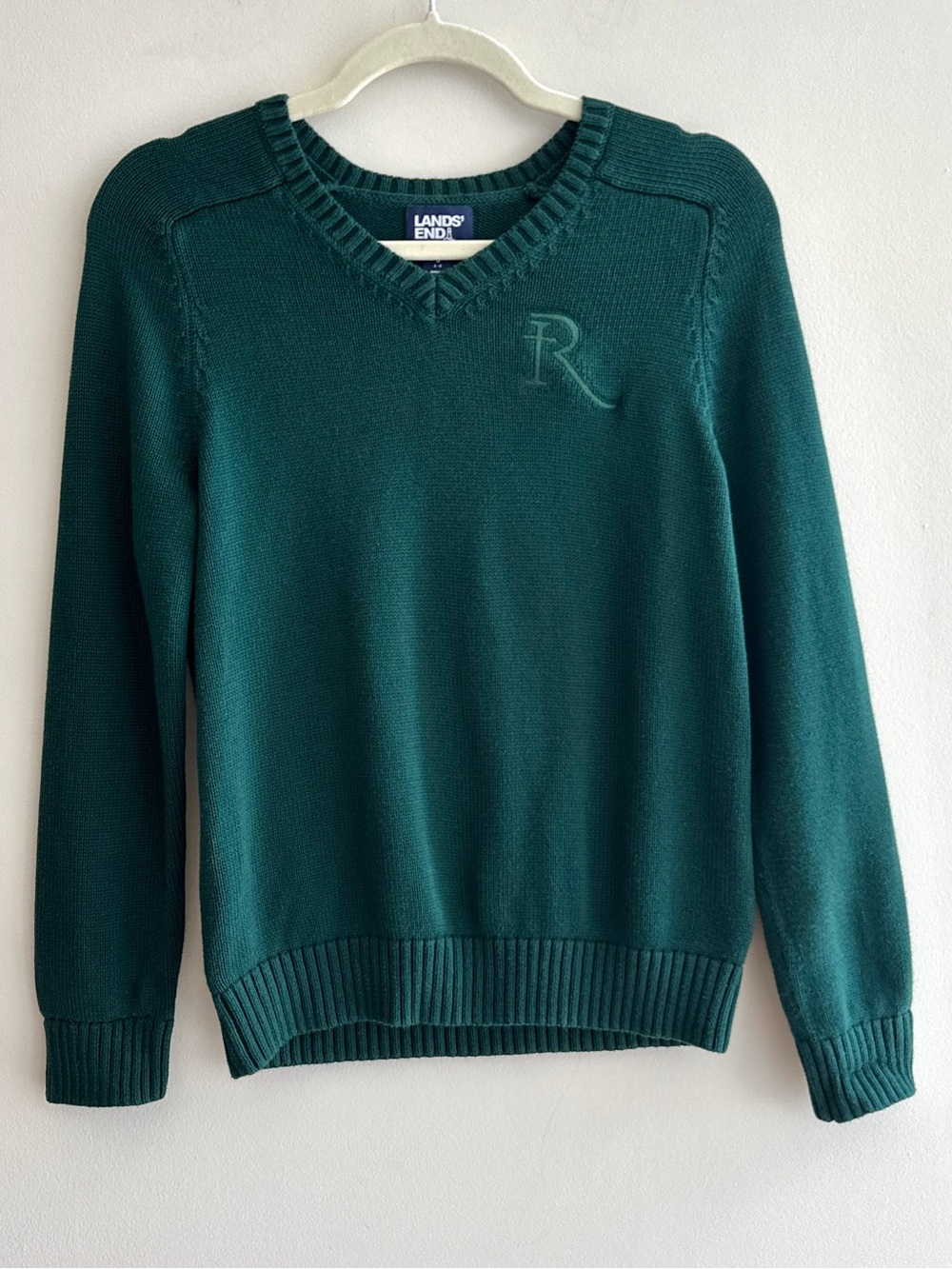 Lands’ End Women’s Dark Green Monogrammed V-Neck Sweater, Fall Preppy, Small